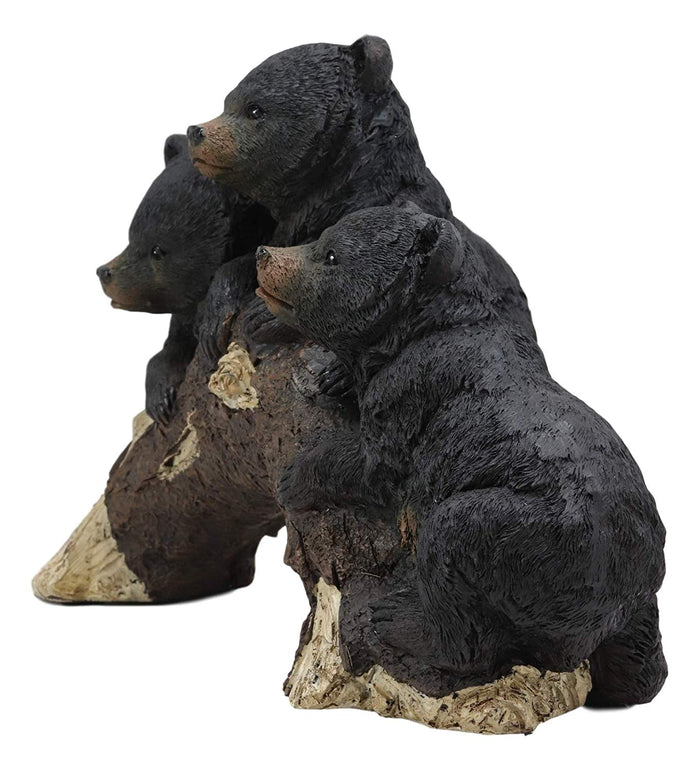 Whimsical Rustic Forest 3 Black Bear Cubs Climbing On Arched Log Statue 12.25"L