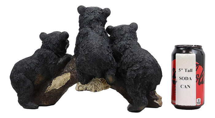 Whimsical Rustic Forest 3 Black Bear Cubs Climbing On Arched Log Statue 12.25"L