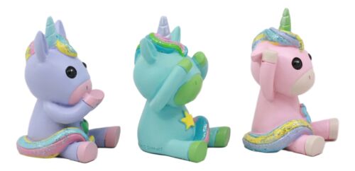 Whimsical See Hear Speak No Evil Rainbow Unicorn Figurine Set Of Three 2.75"Tall