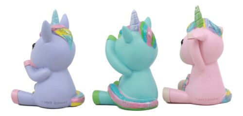 Whimsical See Hear Speak No Evil Rainbow Unicorn Figurine Set Of Three 2.75"Tall