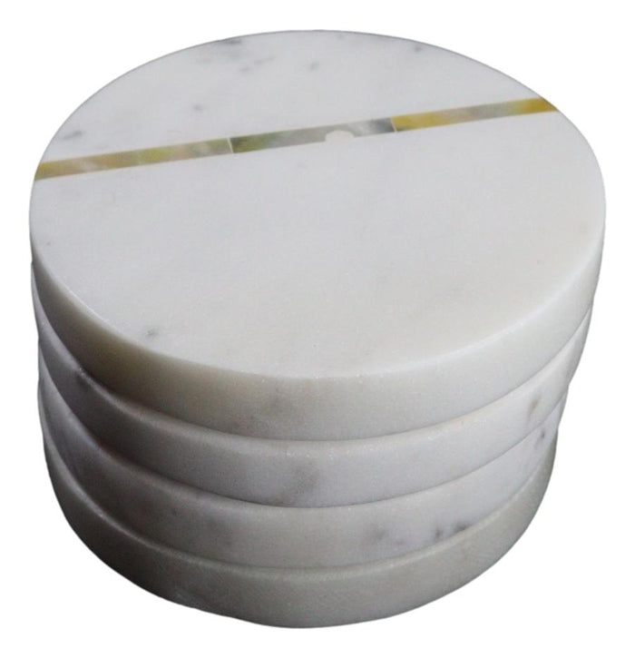 White Banswara Marble With Gold Metal Striped Inlay Accent 4 Piece Coaster Set