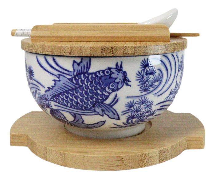 White Blue Koi Fish 28Oz Donburi Ramen Bowl With Lid Trivet Spoon Chopsticks Set