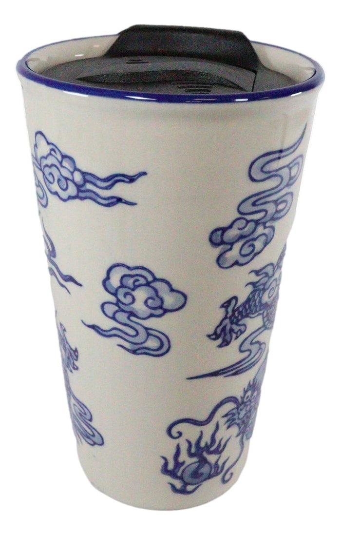 White Blue Oriental Dragon King Ceramic Travel Mug Cup 12oz With Lid Hot Or Cold