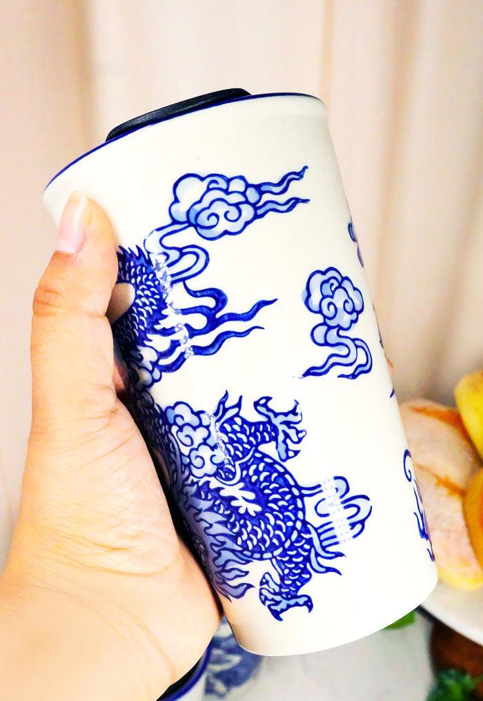 White Blue Oriental Dragon King Ceramic Travel Mug Cup 12oz With Lid Hot Or Cold