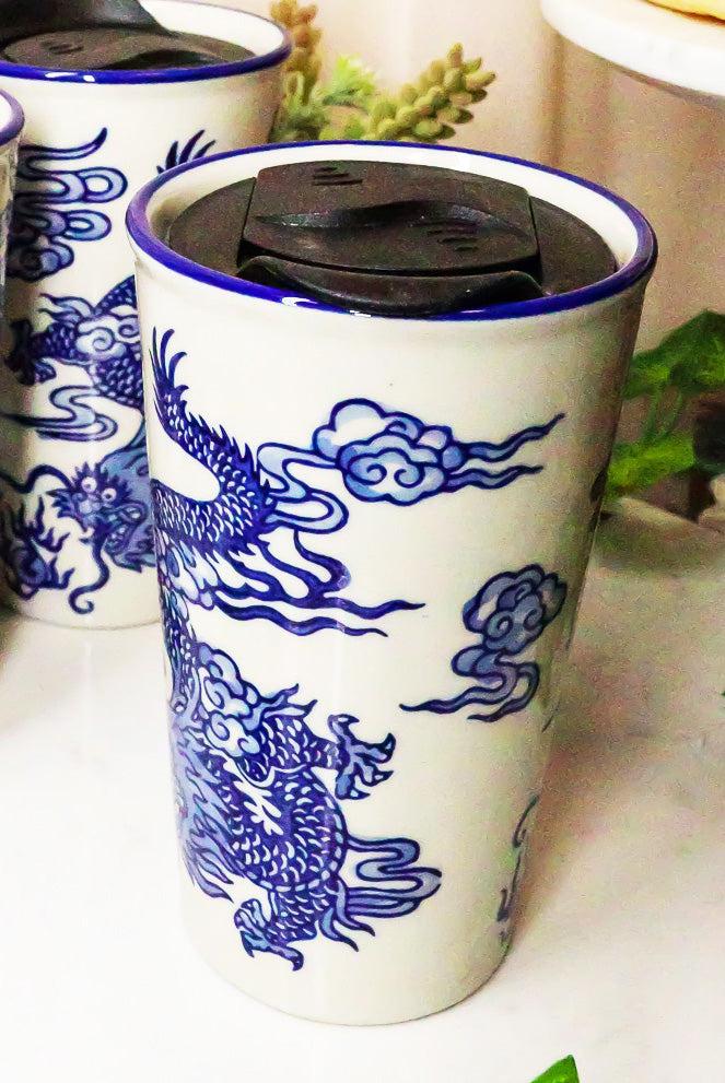 White Blue Oriental Dragon King Ceramic Travel Mug Cup 12oz With Lid Hot Or Cold