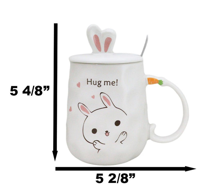 White Bunny Rabbit Hug Me Ceramic Mug With Bunny Ears Lid And Stirring Spoon