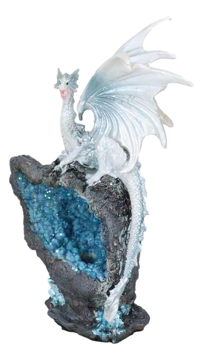 White Dragon On Colorful LED Quartz Faux Geode Rock Stalactite Cove Figurine