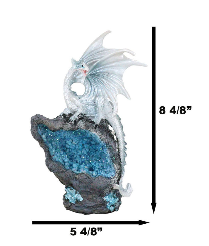 White Dragon On Colorful LED Quartz Faux Geode Rock Stalactite Cove Figurine