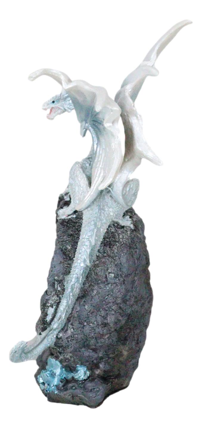 White Dragon On Colorful LED Quartz Faux Geode Rock Stalactite Cove Figurine