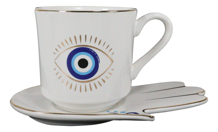 White Evil Eye Of Providence Hamsa Palmistry Hand Palm Mug Cup With Saucer Set