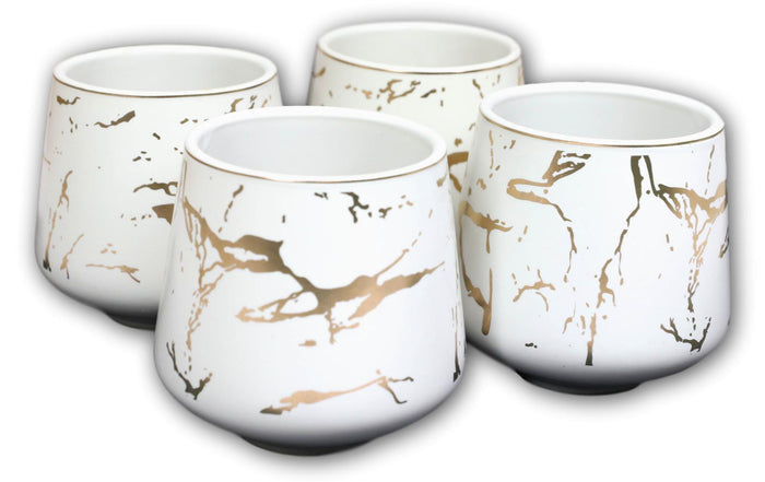 White Faux Marble With Gold Veins Ceramic Tea Pot And Cups With Tray Set For 4