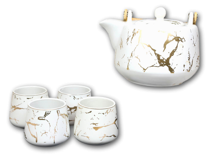 White Faux Marble With Gold Veins Ceramic Tea Pot And Cups With Tray Set For 4