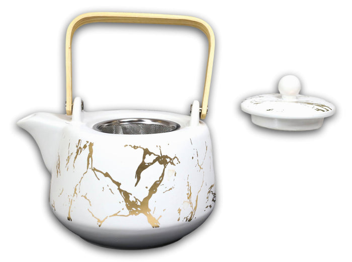 White Faux Marble With Gold Veins Ceramic Tea Pot And Cups With Tray Set For 4