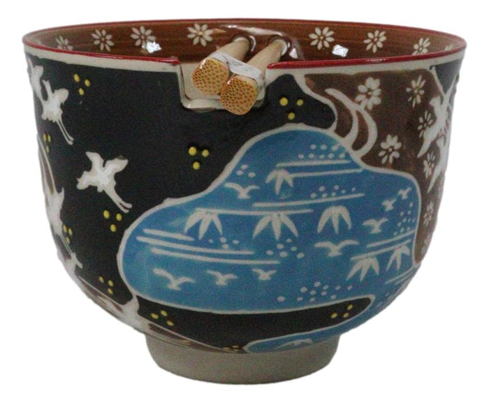 White Japanese Cranes Ceramic Donburi Ramen Soup Bowl With Chopsticks Set