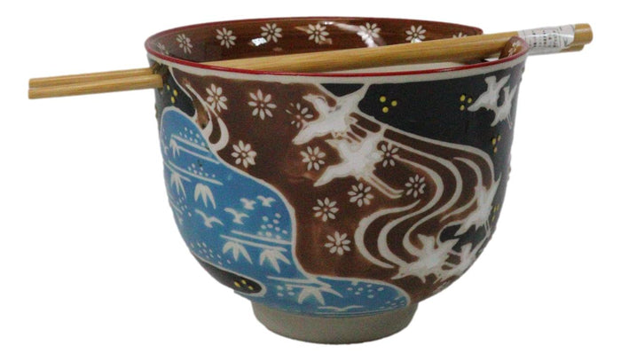 White Japanese Cranes Ceramic Donburi Ramen Soup Bowl With Chopsticks Set White Japanese Cranes Ceramic Donburi Ramen Soup Bowl With Chopsticks Set