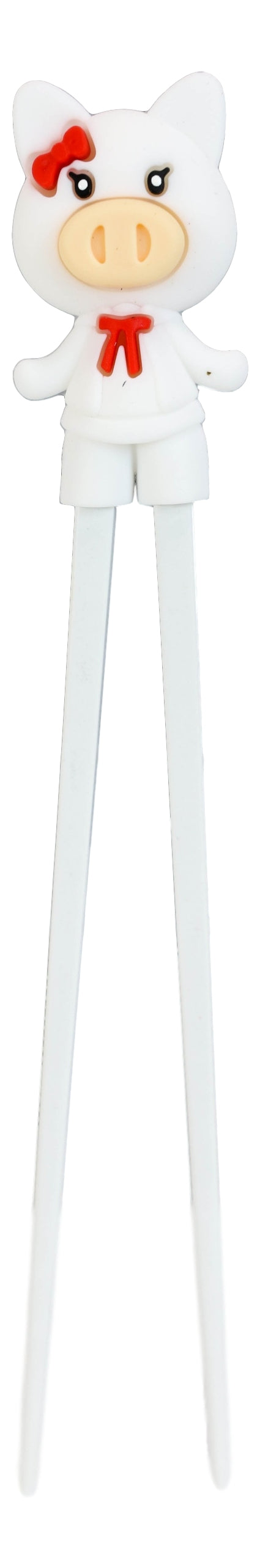 White Miss Piggy Pig Reusable Training Chopsticks Set With Silicone Helper