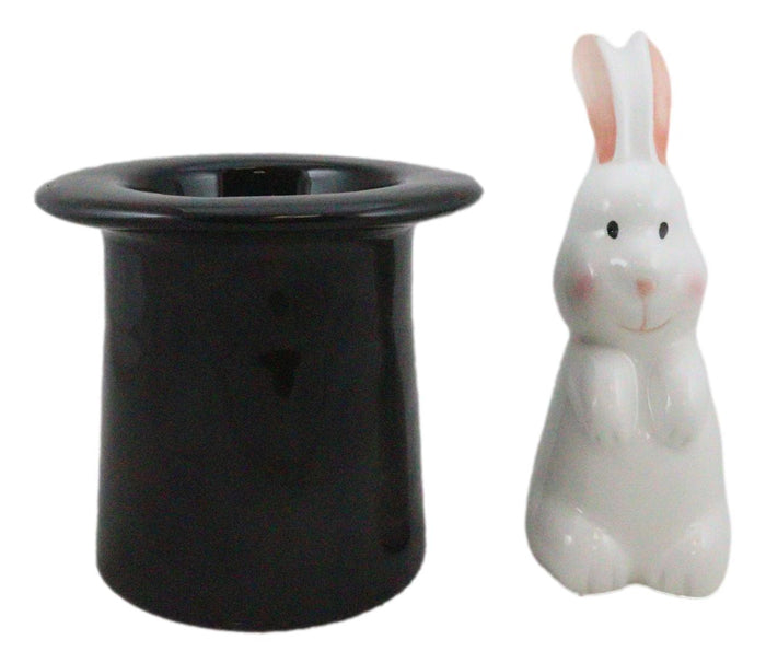 White Rabbit In Black Magician Top Hat Ceramic Salt Pepper Shakers Collectible