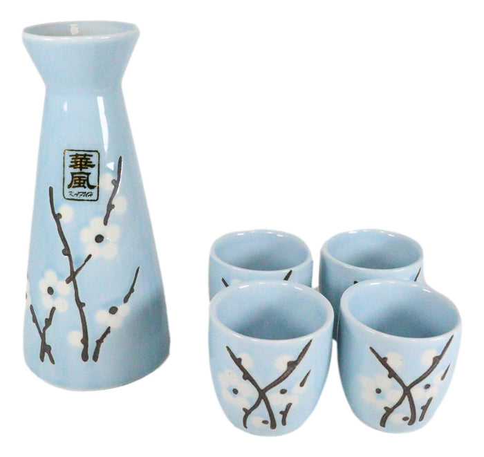 White Sakura Cherry Blossom Sky Blue Ceramic Sake Set Carafe Flask With 4 Cups