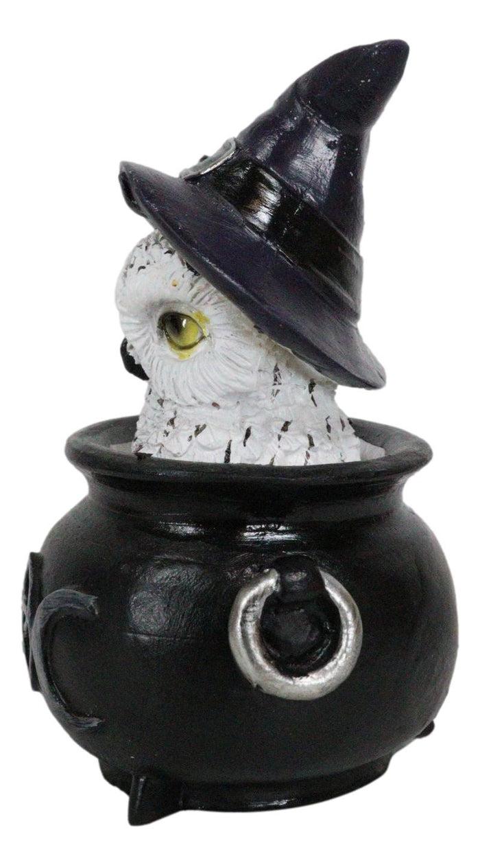 White Snowy Owl With Witch Hat In Black Triple Moon Pentagram Cauldron Figurine