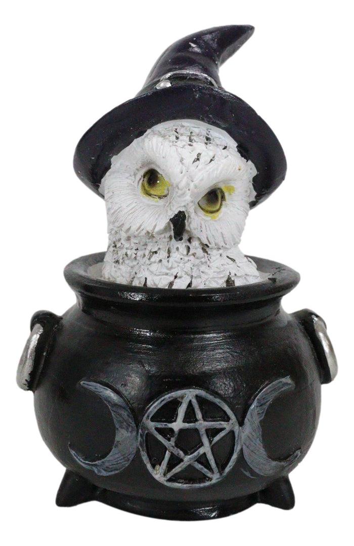 White Snowy Owl With Witch Hat In Black Triple Moon Pentagram Cauldron Figurine