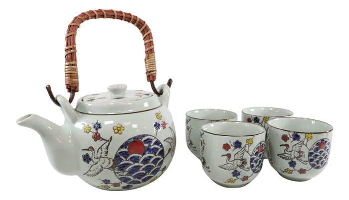 White Storks Cherry Blossom Red Moon Night Sky Ceramic Teapot And 4 Tea Cups Set