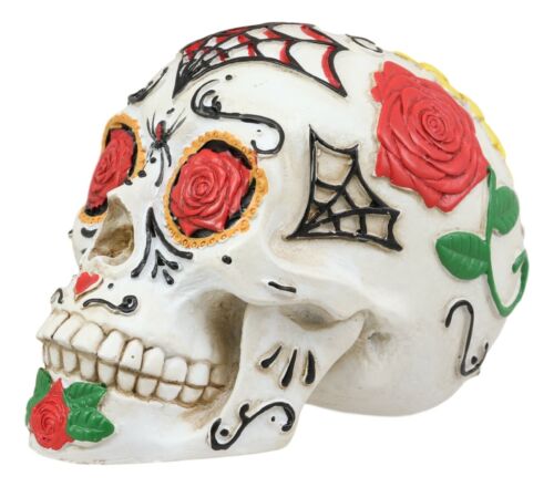 White Sunflower Floral Day Of The Dead Sugar Skull With Eyes Of Red Roses Statue