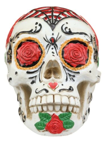 White Sunflower Floral Day Of The Dead Sugar Skull With Eyes Of Red Roses Statue
