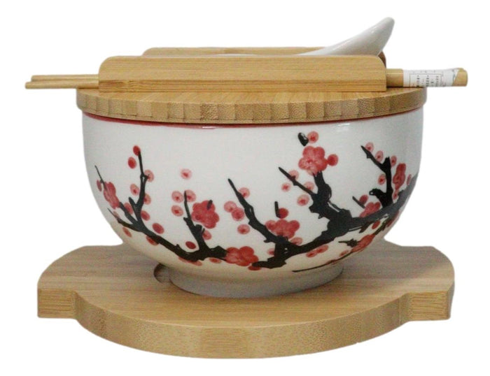 White Ume Plum Blossoms Donburi Ramen Bowl With Lid Trivet Spoon Chopsticks Set
