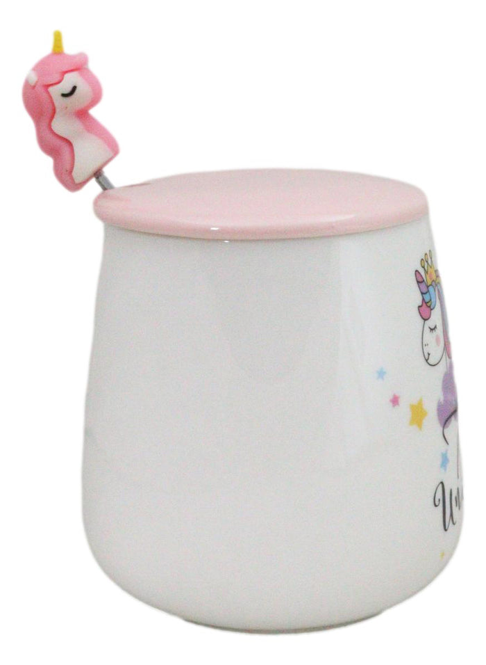 White Whimsical Crowned Unicorn Rainbow Shooting Star Mug With Spoon And Lid