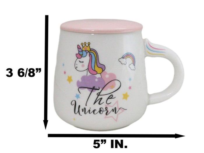 White Whimsical Crowned Unicorn Rainbow Shooting Star Mug With Spoon And Lid
