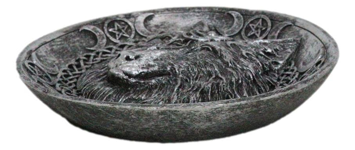 Wicca Celtic Knotwork Triple Moon Pentagram Gray Wolf Round Incense Holder