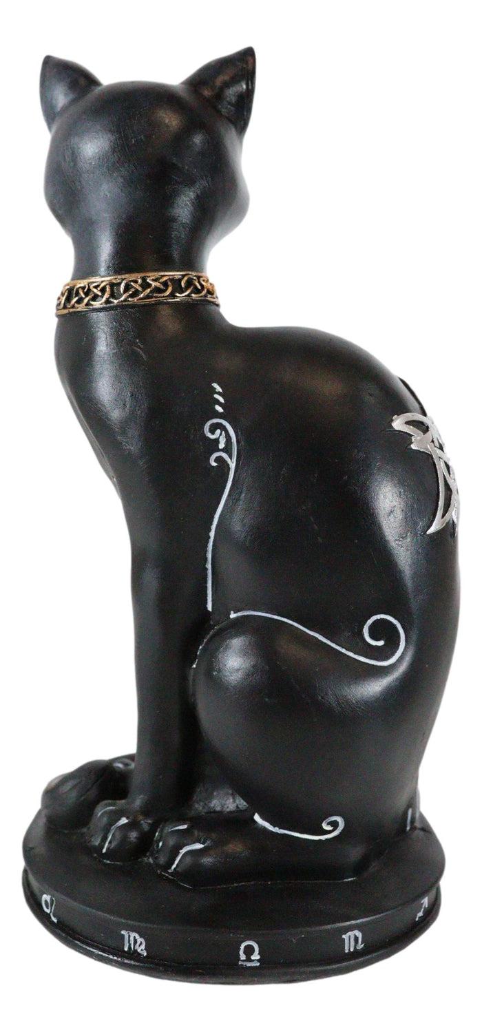 Wicca Halloween Black Cat With Pentagram Necklace And Alchemy Symbols Figurine
