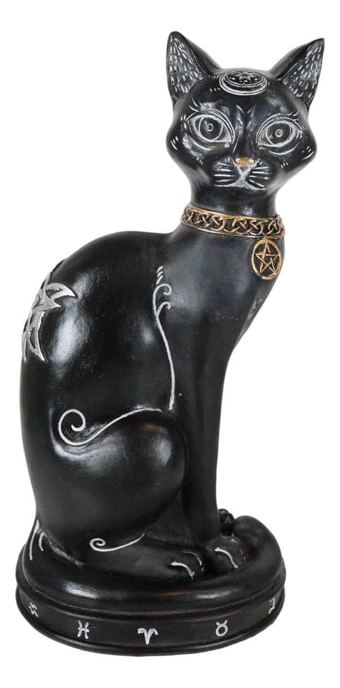 Wicca Halloween Black Cat With Pentagram Necklace And Alchemy Symbols Figurine