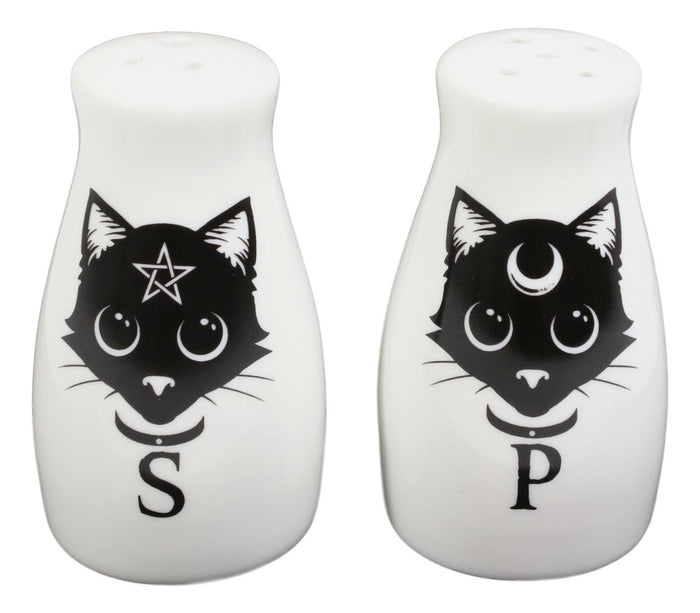 Wicca Magic Sacred Cats Pentacle Crescent Moon Ceramic Salt N Pepper Shakers Set