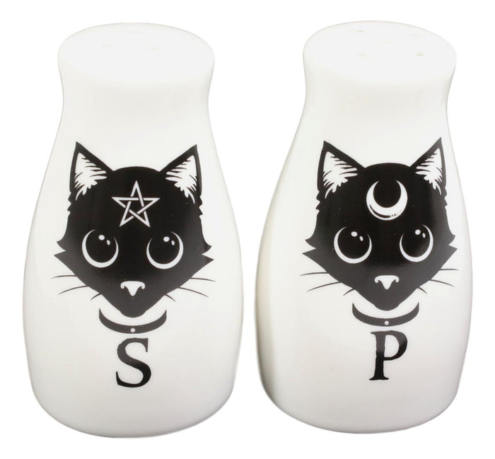 Wicca Magic Sacred Cats Pentacle Crescent Moon Ceramic Salt N Pepper Shakers Set
