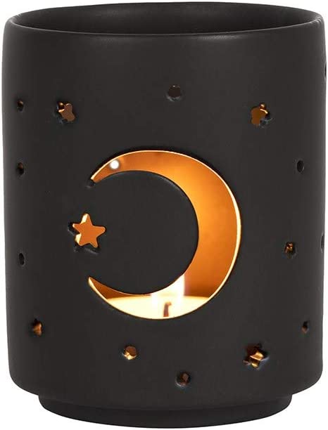 Wicca Mystical Moon And Stars Cutout Ceramic Black T-Light Votive Candle Holder