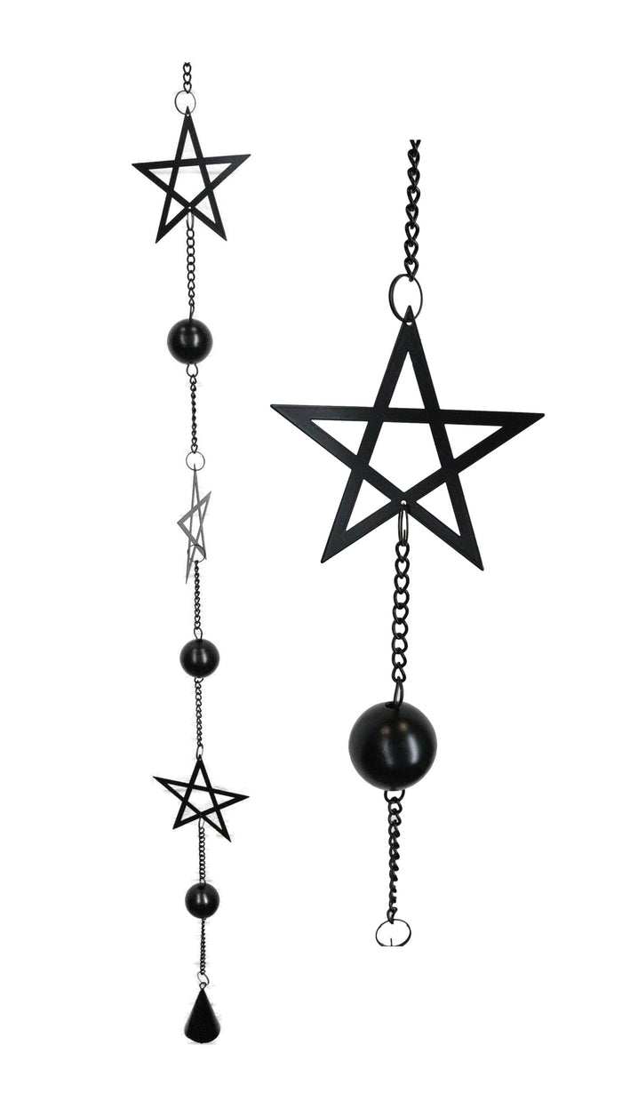 Wicca Occult Pentagram Pentacle Stars Black Coated Steel Metal Wind Chime Mobile