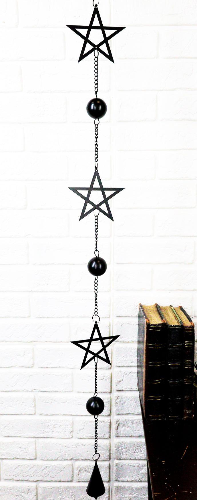Wicca Occult Pentagram Pentacle Stars Black Coated Steel Metal Wind Chime Mobile