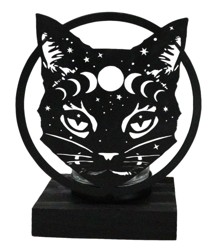 Wicca Phases Of The Moon Celestial Black Cat Metal Votive T-Lite Candle Holder