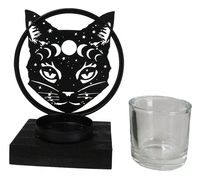 Wicca Phases Of The Moon Celestial Black Cat Metal Votive T-Lite Candle Holder