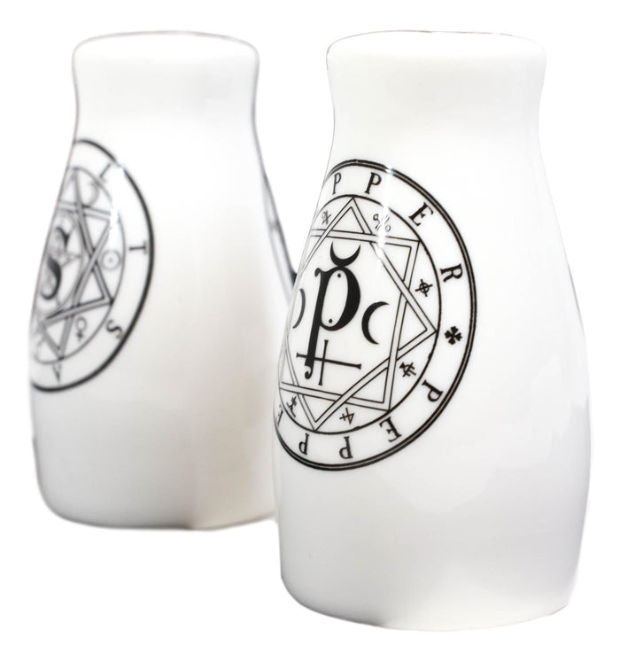 Wicca Sacred Geometry Pentacles Crescent Moons Ceramic Salt N Pepper Shakers Set