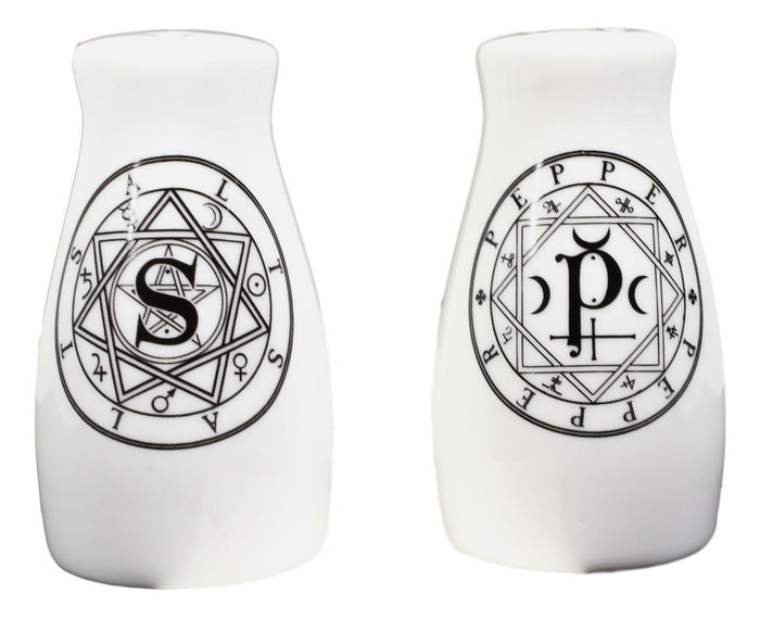 Wicca Sacred Geometry Pentacles Crescent Moons Ceramic Salt N Pepper Shakers Set