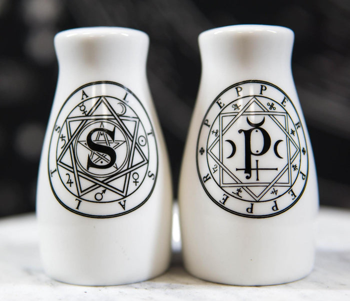Wicca Sacred Geometry Pentacles Crescent Moons Ceramic Salt N Pepper Shakers Set