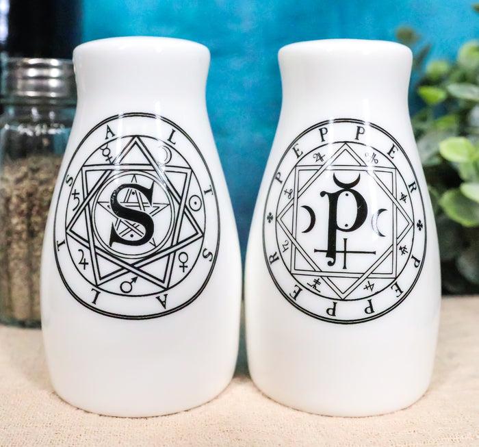 Wicca Sacred Geometry Pentacles Crescent Moons Ceramic Salt n Pepper Shakers Set