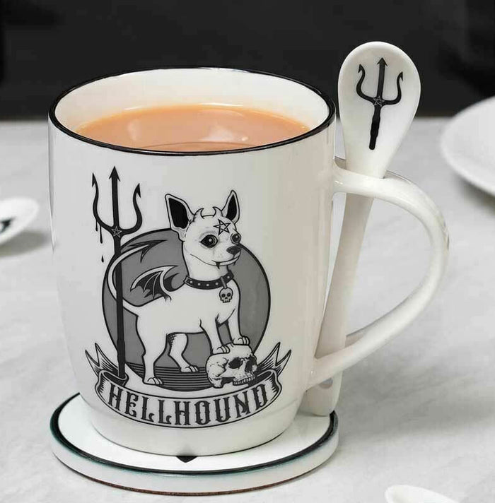Wicca Sacred Hellhound Pentagram Devil Dog Porcelain Mug With Spoon Set 13oz Wicca Sacred Hellhound Pentagram Devil Dog Porcelain Mug With Spoon Set 13oz