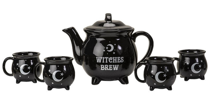 Wicca Sacred Moon And Stars Witches Brew Black Cauldron Teapot And 4 Cups Set
