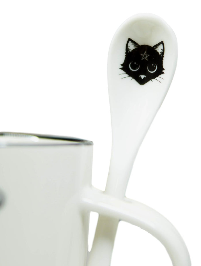 Wicca Sacred Pentacle Cat Purrfect Love Brew Porcelain Mug With Spoon Set 13oz