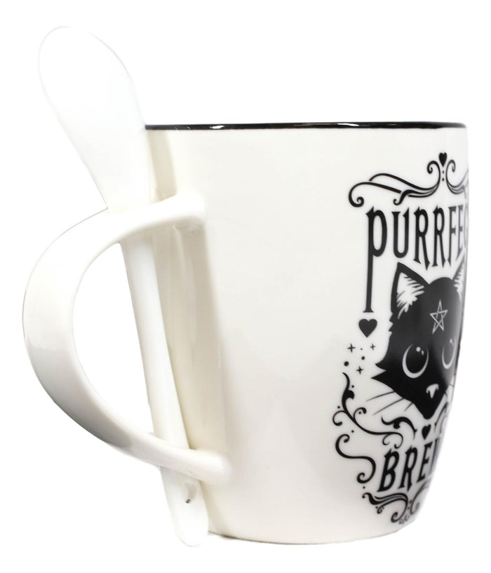 Wicca Sacred Pentacle Cat Purrfect Love Brew Porcelain Mug With Spoon Set 13oz