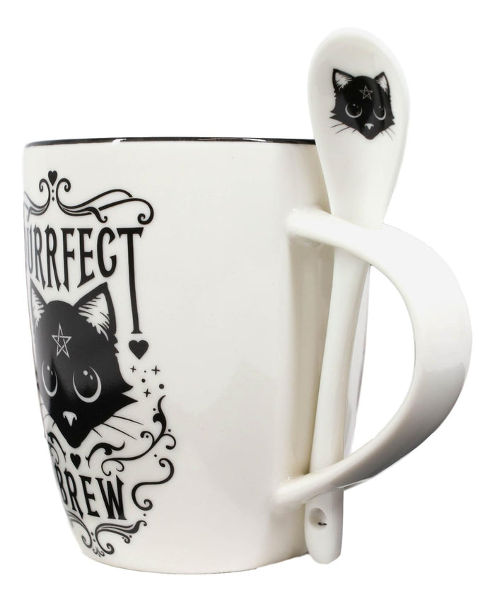 Wicca Sacred Pentacle Cat Purrfect Love Brew Porcelain Mug With Spoon Set 13oz