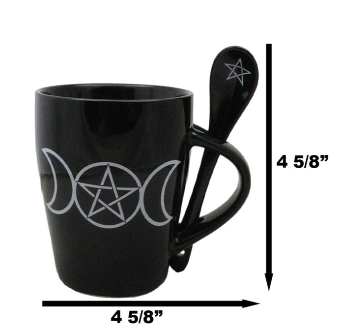 Wicca Sacred Triple Moon Pentagram Circle Ceramic Mug And Pentacle Spoon Set